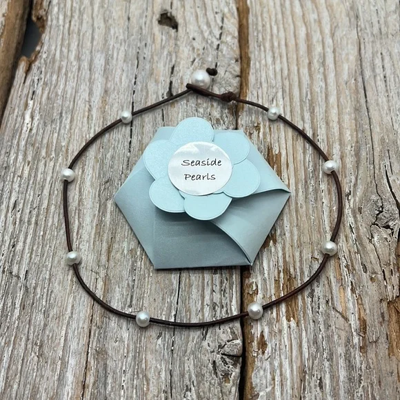 Seaside Pearls Arielle Freshwater Pearl Beaded Leather Choker Necklace New - Picture 3 of 3